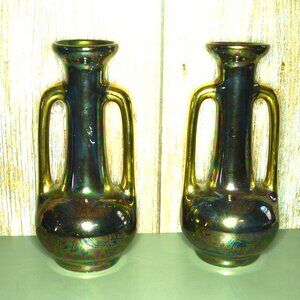 Pair Of Vintage Pearl China Co. Iridescent Vases Hand Painted 22K Decor MCM